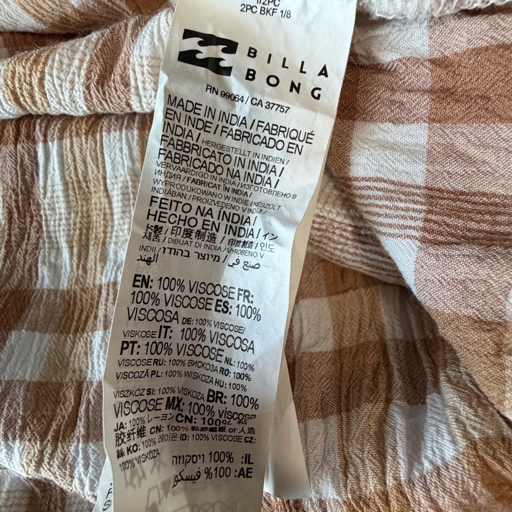 Billabong Mini Dress Medium Tan Gingham Smocked Puff Sleeve - Picture 4 of 5